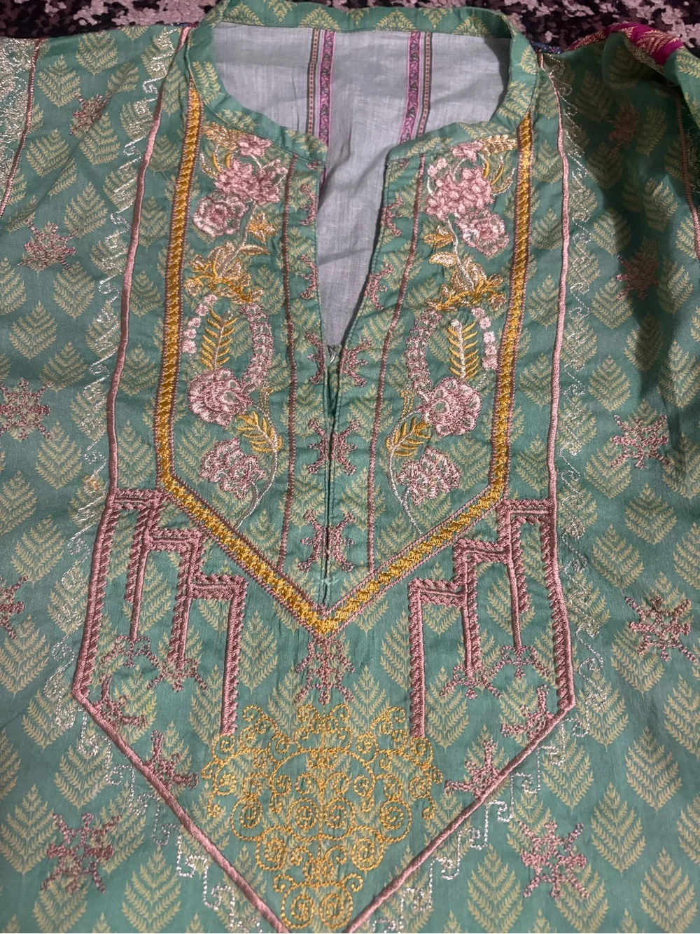Embroidered Mint Green & Magenta Printed Ethnic Kurta Set